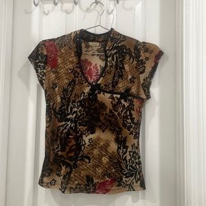 Brown Mesh Asian style top with floral patterns by Janette size Large